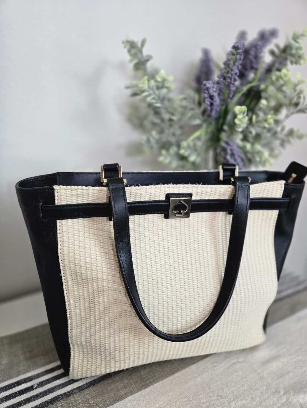 Kate Spade Houston Street Leo Black and Cream Woven Leather-Trim Tote - Picture 2 of 11